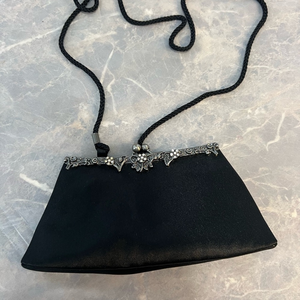 Kate Landry Black Satin Evening Clutch Silver Frame Formal Bag - Picture 4 of 6